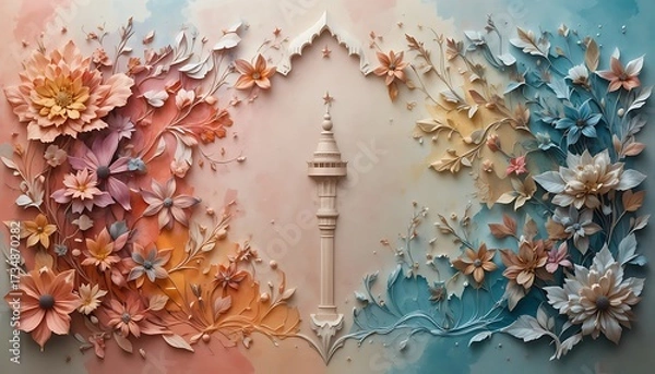 Obraz Islamic background with minaret and pastel 3D papercraft flowers
