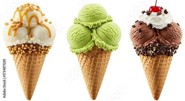 Fototapeta Delicious ice cream cones with various flavors and toppings on white background