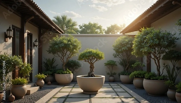 Obraz Serene courtyard garden with potted bonsai trees at sunrise