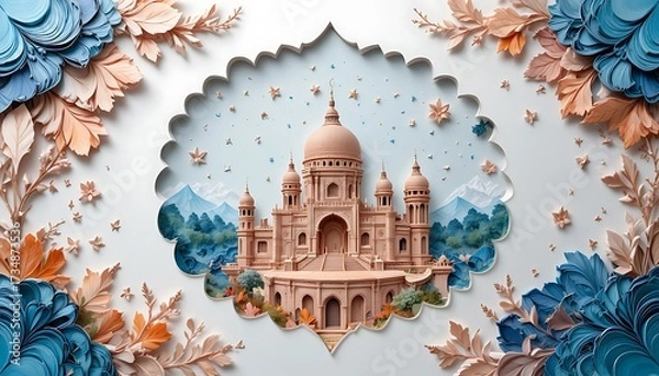 Obraz Stylized papercraft mosque with decorative blue and peach flowers