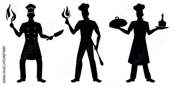 Obraz Vector Silhouette Set of Chefs Cooking Stirring and Presenting Dish