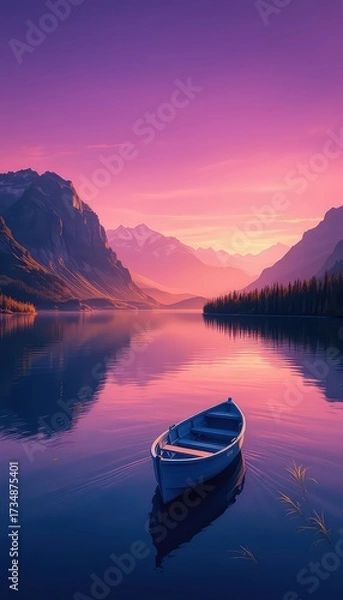 Fototapeta Serene Evening on the Lake A Calm Boat Gently Floats on the Reflective Water as the Sun Sets over Mountains