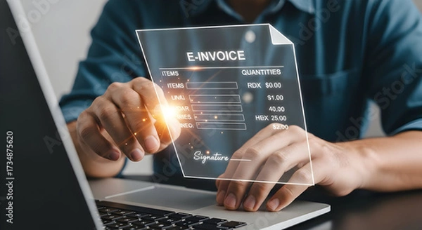 Fototapeta Man Reviewing an E-invoice on Laptop with Glowing Detail and Signature Field, Streamlining Finance Operations Efficiently