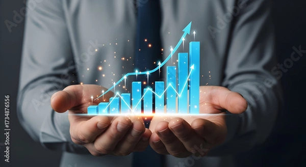 Fototapeta Man Holding Glowing Blue Financial Growth Chart with Upward Arrows and Sparkles