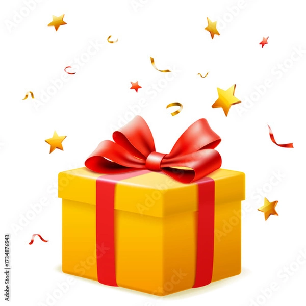 Fototapeta Digital illustration of a yellow gift box with a red ribbon and bow on a white background with stars and confetti.