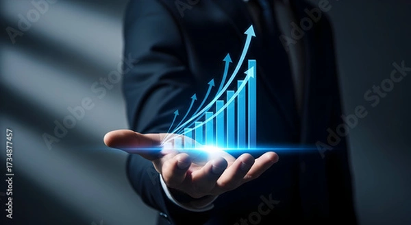 Fototapeta Growth Concept: Businessman Presents Increasing Bar Chart and Arrows for Business Success Vision