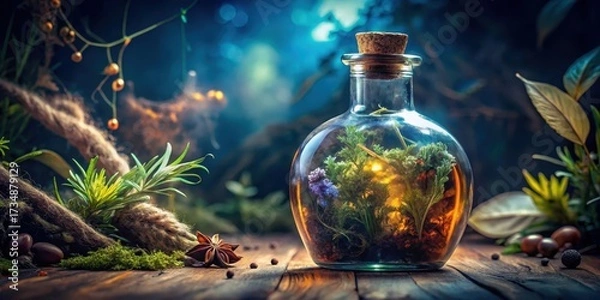 Fototapeta Ancient glass bottle filled with a swirling, murky liquid that seems to shift colors in the light, surrounded by mysterious herbs and rare botanicals, dark magic, herbalism