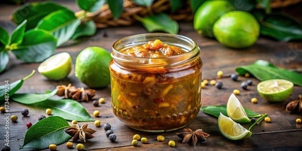 Fototapeta Traditional sweet lime pickle in a glass jar with a golden brown color and intricate design, surrounded by a border of small leaves and flowers , sweet and sour, yellow color
