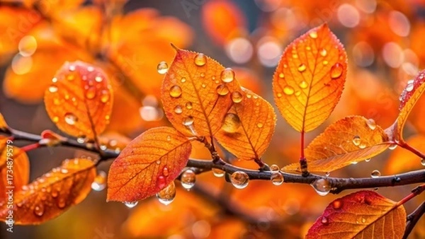 Fototapeta Colorful orange leaves with water droplets on a branch, showcasing intricate details and texture, branches, outdoor