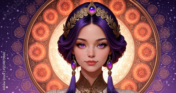 Obraz Feminine anime style lady with violet eyes and ornate headpiece, detailed fantasy closeup poster with mystical golden circular pattern