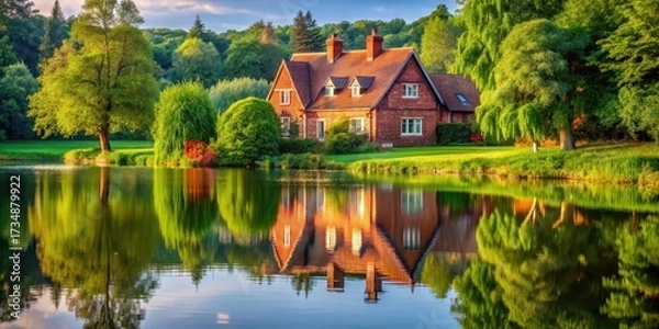 Fototapeta Traditional red brick house in a serene countryside setting near a peaceful lake with a mirror reflection of water, surrounded by lush greenery and trees , countryside, mirror