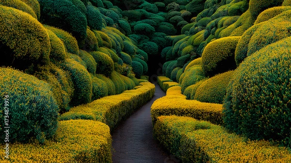 Fototapeta Yellow And Green Shrubbery Labyrinth Path On Dark Ground