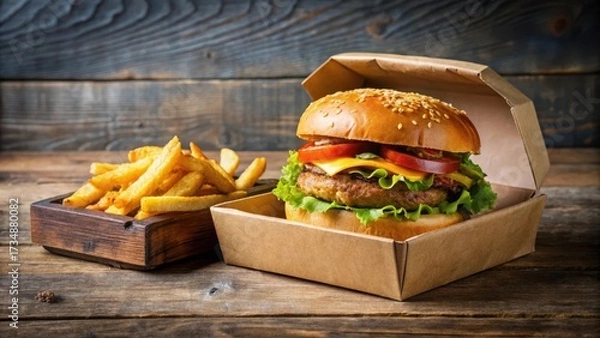 Fototapeta Crunchy burger and crispy fries in a cardboard box, crunchy fries, combo meal