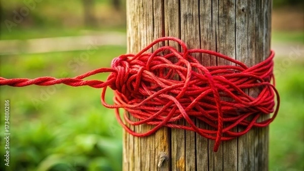 Fototapeta Intricate red thread tangled around a wooden post, tangled, detail,  tangled