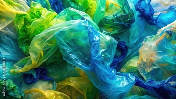 Fototapeta Colorful plastic bags with swirling patterns of bright blues and greens, reminiscent of a tropical ocean, nature inspired, vibrant colors