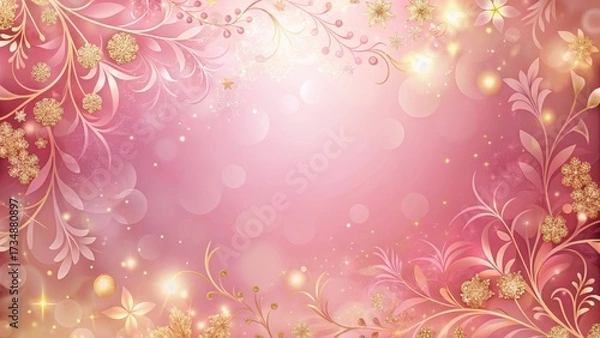 Fototapeta Sparkling pink gradient background with glitter gold accents and delicate floral patterns , pink, decorations