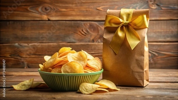 Fototapeta Crispy potato chips on a wooden table in front and back view of a colorful paper bag mockup with a ribbon tie, product, snack,  product