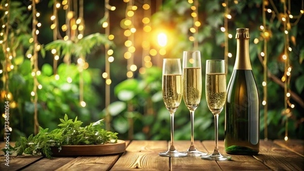 Fototapeta Luxurious champagne glasses with champagne bottles on a wooden table, surrounded by greenery and soft lighting, celebration, nature background