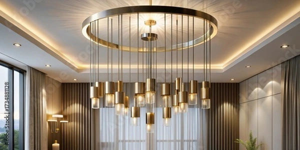 Fototapeta A modern chandelier with a minimalist design, suspended from a high ceiling by a thin wire, adding a touch of elegance to a luxurious room, sophisticated ambiance, luxury interior