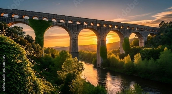 Fototapeta Ancient Stone Bridge Over River at Sunset.