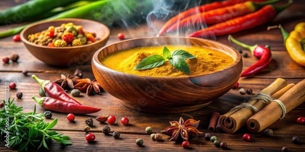 Fototapeta Aromatic spices scattered around a steaming yellow curry dish with fragrant herbs and fresh chilies in a shallow wooden bowl