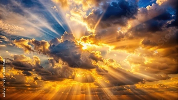 Fototapeta A majestic cloudy sky with golden hues and soft light beams illuminating the atmosphere , sky, outdoors