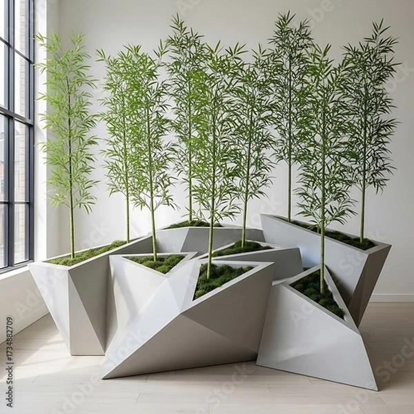 Fototapeta Modern Geometric Planters with Bamboo Plants.