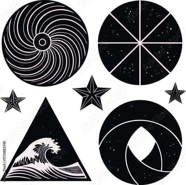 Fototapeta Set of 8 designs solid black silhouette abstract, swirl, triangle, star, circle, wave, full black fill, realistic proportions, isolated on white background, vector-friendly, no text