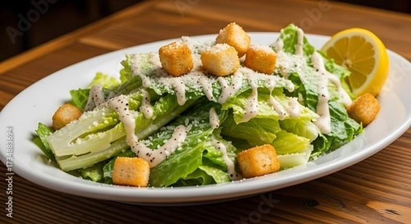 Fototapeta Delicious Caesar Salad with Croutons and Dressing.