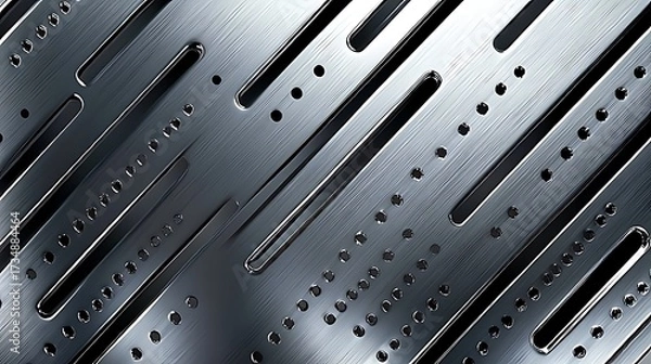 Fototapeta Sleek brushed metal sheet with elongated perforations, shiny silver tones, and industrial texture, representing modern engineering and futuristic technology.
