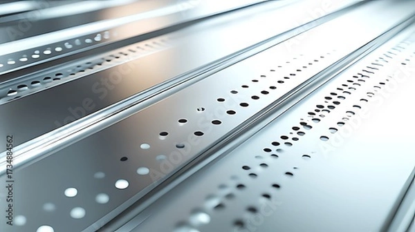 Fototapeta Shiny silver metal sheets with precise round perforations, arranged in clean parallel lines, showing symmetry, industrial strength, and futuristic detail.