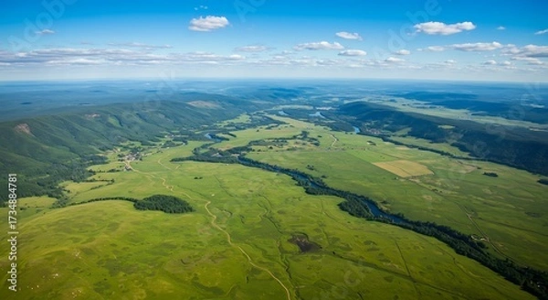 Obraz Aerial view of vibrant green landscape with river under blue sky