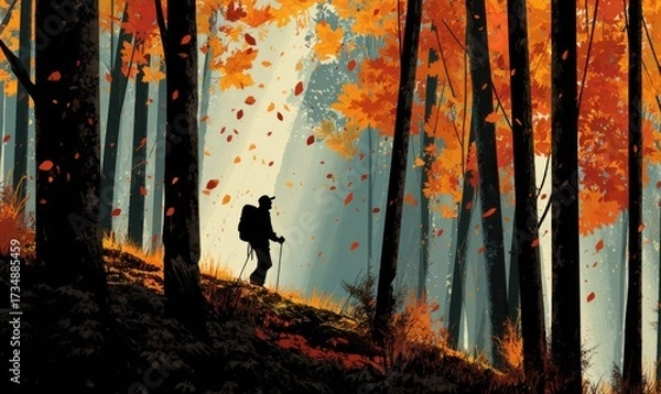 Fototapeta Silhouette of a hiker in an autumn forest with falling leaves.