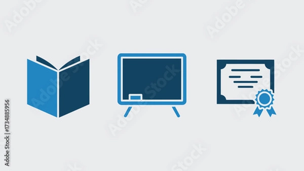 Fototapeta Education icon set featuring a book blackboard and diploma simple vector glyph design for educational websites and apps isolated on white background