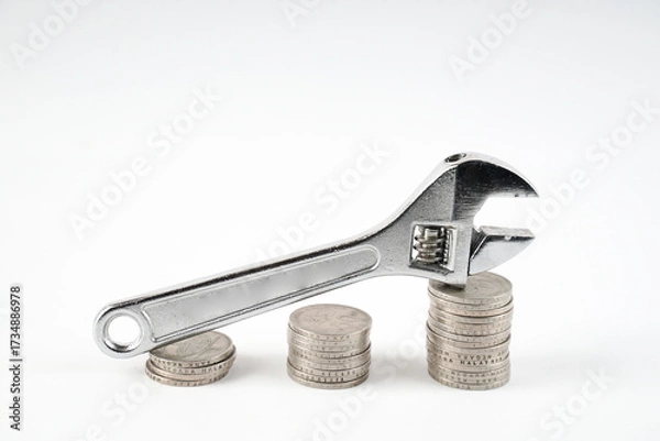 Fototapeta wrench and coin, conceptual image for fix and cost