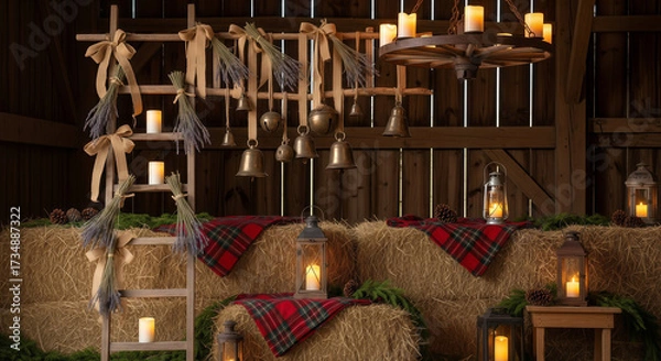 Fototapeta Rustic barn interior decorated for a cozy autumn or winter event with hay bales, plaid blankets, lanterns, candles, and festive rustic accents