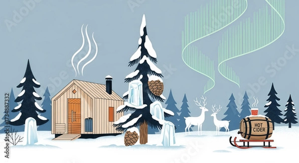 Fototapeta Cozy wooden cabin in a snowy landscape under the aurora borealis, with pine trees, deer, and a barrel on a sled, depicting a serene winter wilderness scene