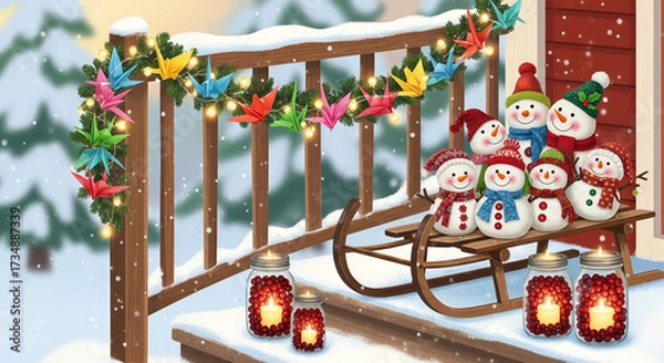 Fototapeta Charming christmas scene with a sled full of snowmen, colorful origami birds on a railing, festive lights, and glowing lanterns on a snowy porch
