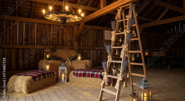 Fototapeta Rustic barn interior decorated for a wedding or event with hay bales, plaid blankets, lanterns, and a decorative ladder adorned with lavender and bells