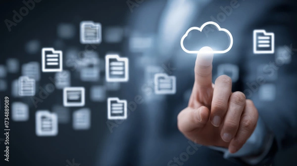 Fototapeta Businessman touching cloud icon for digital file access.