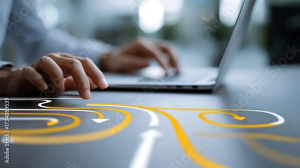 Fototapeta Businessman using laptop with digital strategic path arrows.