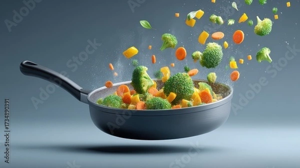 Fototapeta Fresh Vegetables Floating in Air Above a Frying Pan on Gray Background