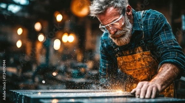 Fototapeta Skilled Artisan Working in Workshop with Sparks Flying Around