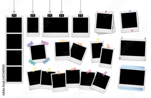 Fototapeta Photo Frame Mockup Set – Realistic Instant Polaroid Photo Templates with Tape, Clips and Pins for Scrapbook, Photo Booth and Album Design Vector Illustration