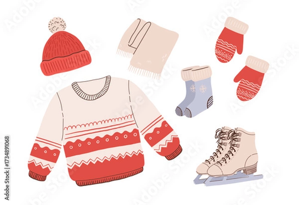 Obraz Cartoon winter clothes and accessories vector illustration. Christmas ugly sweaters, mittens, scarf, socks, hat and ice skates set.