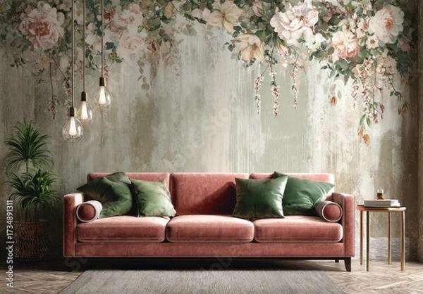 Fototapeta A living room scene showcases a statement wall with floral prints, a plush dusty rose sofa, and decorative pillows, creating a serene and elegant ambiance.