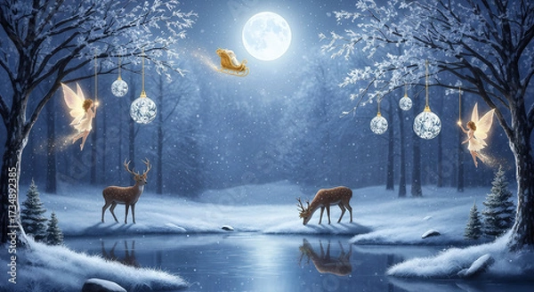 Fototapeta A magical winter forest scene at night with a full moon, snowcovered trees adorned with glowing ornaments, two deer by a frozen lake, and two fairies with golden wings