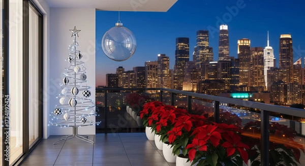 Fototapeta Modern apartment balcony decorated for christmas with a silver tree and poinsettias, overlooking a city skyline at night with illuminated skyscrapers and a clear sky