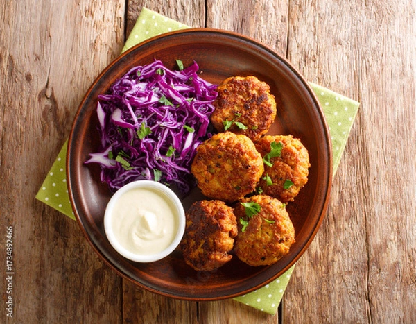 Fototapeta Crispy Falafel Plate with Red Cabbage Slaw and Creamy Sauce on Rustic Wood.