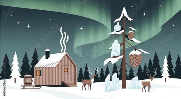 Fototapeta A cozy wooden cabin in a snowy landscape under the aurora borealis, with pine trees, reindeer, and a small sled, evoking a sense of remote wilderness and natural wonder